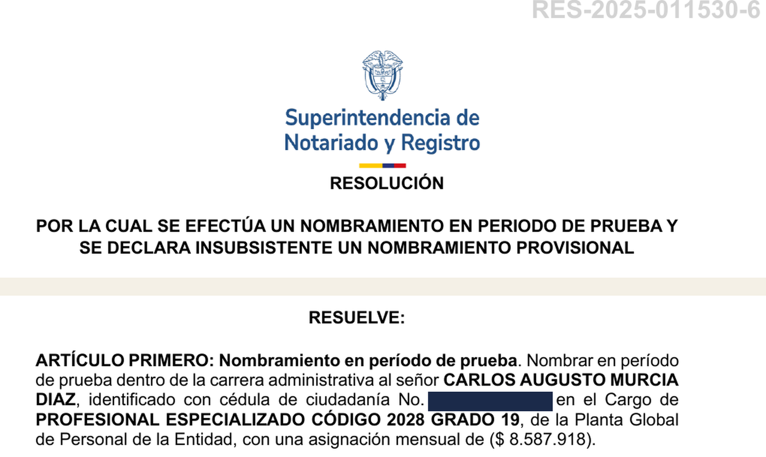 Acto administrativo de nombramiento publicado por la entidad